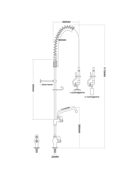 Pre Rinse Spray Unit with Swing faucet Deck mount Single inlet Height 1000mm Stainless steel | Stalwart EQ2803A12