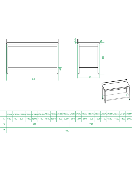 Professional Work table Stainless steel Bottom shelf Upstand 700x600x900mm | Stalwart DA-THATS76A