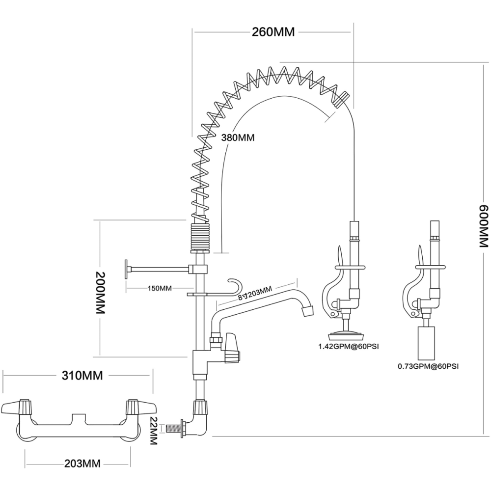 Pre Rinse Spray Unit with Swing faucet Wall mount Double inlet Height 600mm Stainless steel | DA-EQ7802A08