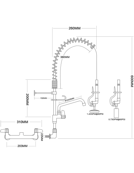 Pre Rinse Spray Unit with Swing faucet Wall mount Double inlet Height 600mm Stainless steel | DA-EQ7802A08
