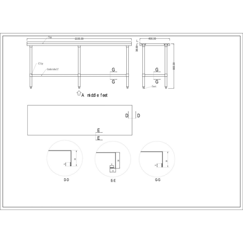 Commercial Stainless Steel Work Table Bottom shelf Upstand 2100x600x900mm | Stalwart DA-WT60210GB