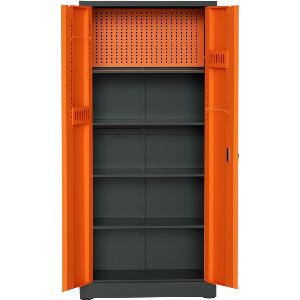 Heavy Duty Grey and Orange 2 Door Lockable Steel Tool Cabinet with 4 Shelves & Pegboard 800x400x1800mm | Stalwart DA-SETC1GRE