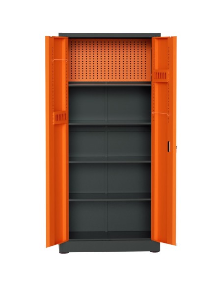 Heavy Duty Grey and Orange 2 Door Lockable Steel Tool Cabinet with 4 Shelves & Pegboard 800x400x1800mm | Stalwart DA-SETC1GRE