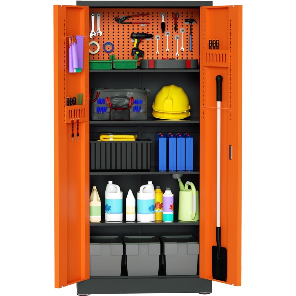 Heavy Duty Grey and Orange 2 Door Lockable Steel Tool Cabinet with 4 Shelves & Pegboard 800x400x1800mm | Stalwart DA-SETC1GRE