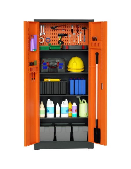 Heavy Duty Grey and Orange 2 Door Lockable Steel Tool Cabinet with 4 Shelves & Pegboard 800x400x1800mm | Stalwart DA-SETC1GRE