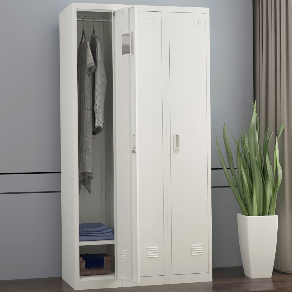 Commercial Grey Three Door Locker with Clothes Hanger, Fixed Shelf and Mirror 900x450x1800mm | DA-LOCKER3TW