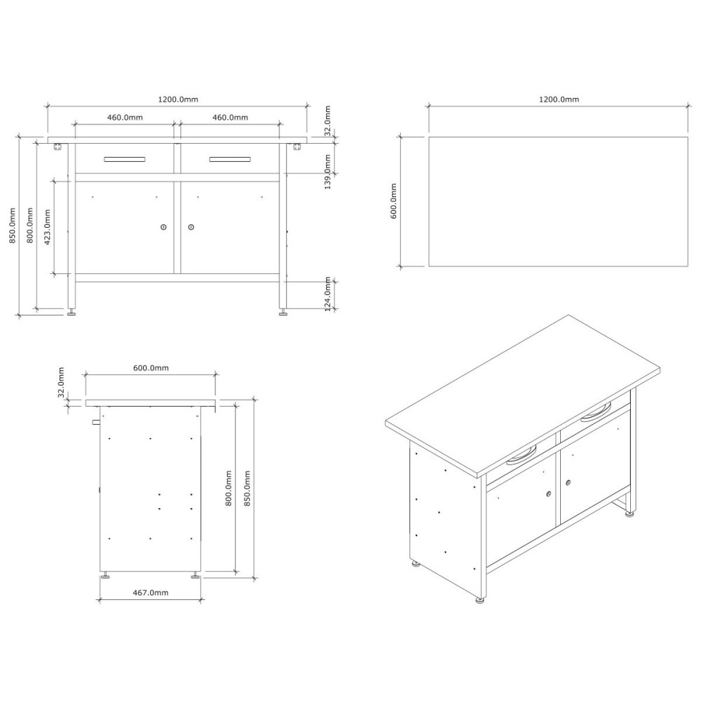 Professional Grey and Black Workshop Workbench with 30mm Wooden Desktop, Drawers and Lockable Doors 1200x600x850mm | DA-TC