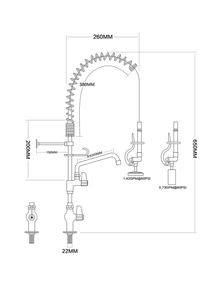 Pre Rinse Spray Unit with Swing faucet Deck mount Single inlet Height 600mm Stainless steel | Stalwart EQ7803A08