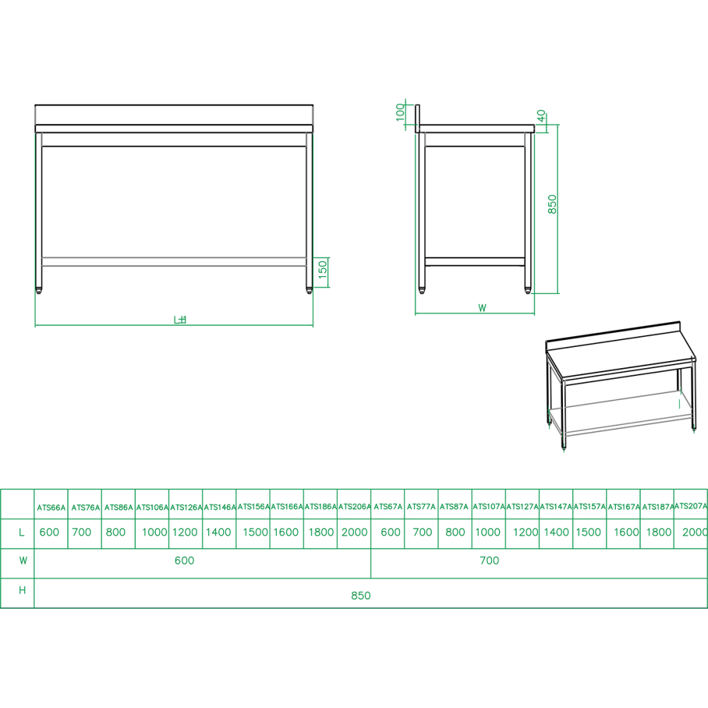 Professional Work table Stainless steel Bottom shelf Upstand 1800x600x900mm | Stalwart DA-THATS186A