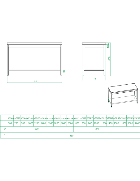 Professional Work table Stainless steel Bottom shelf 1800x600x900mm | Stalwart DA-THATS186