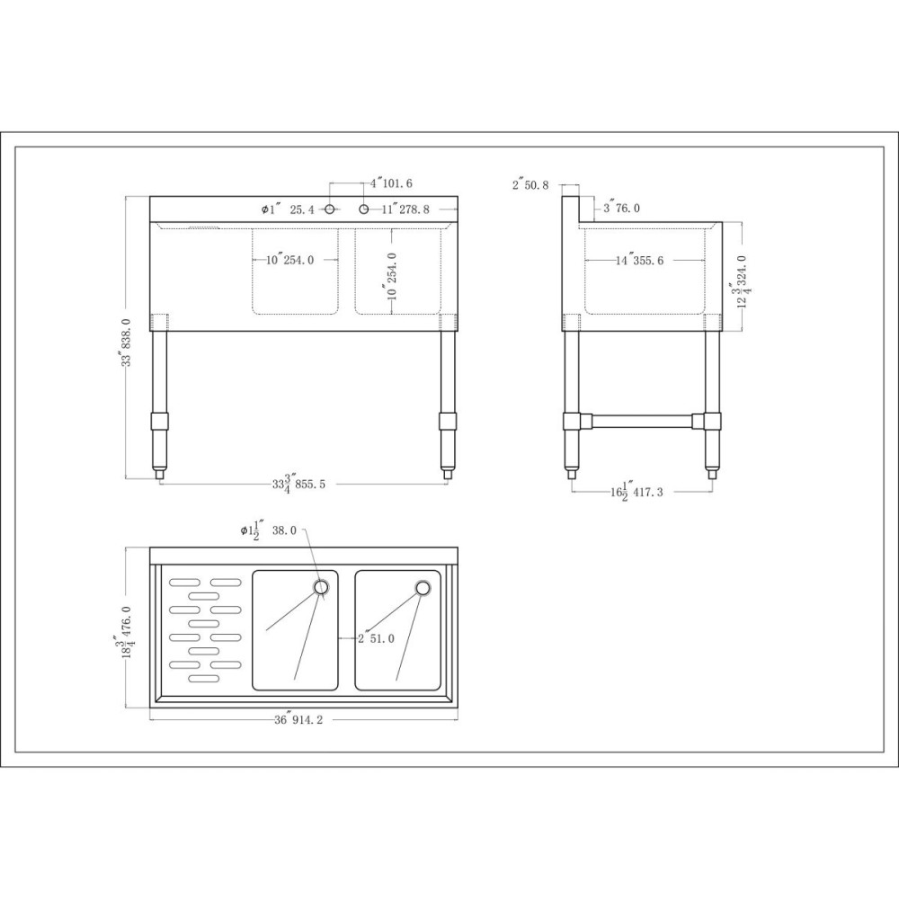 Commercial Sink Stainless steel 2 Bowl Left side Drain board | Stalwart DA-BS2T36L