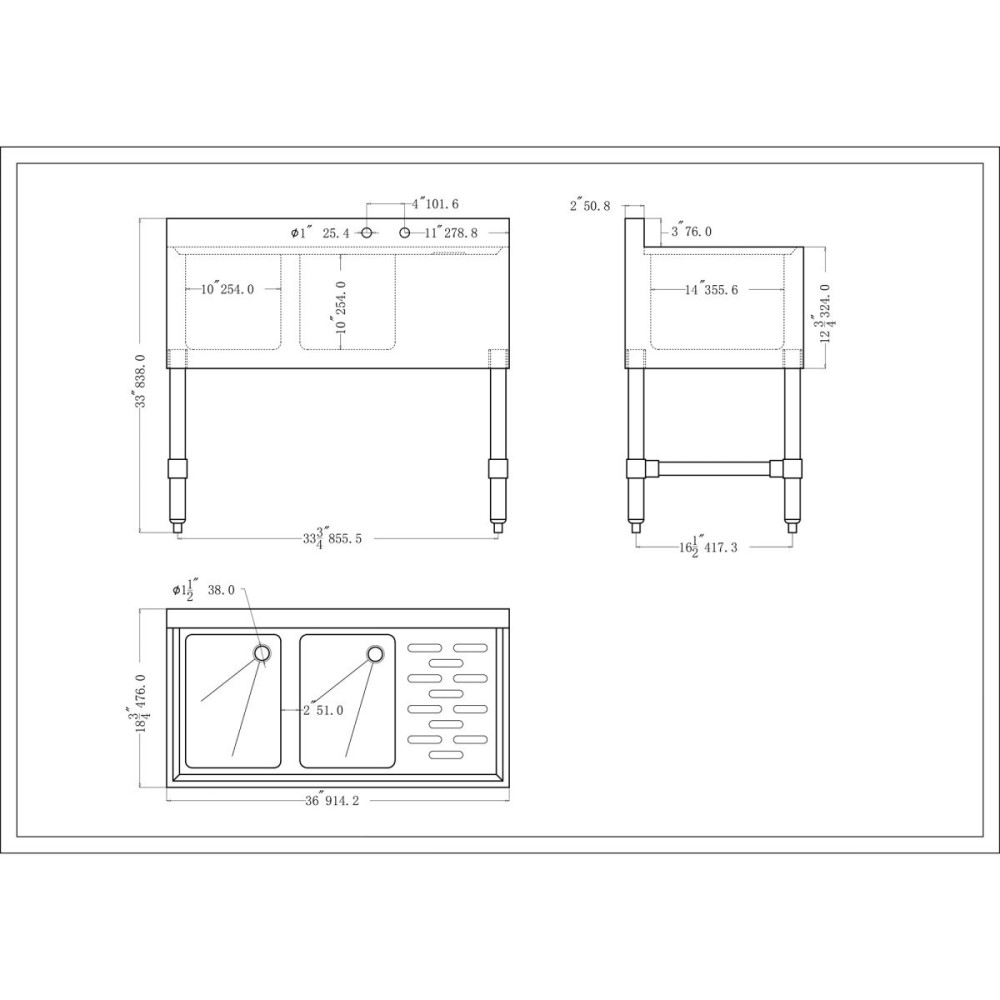 Commercial Sink Stainless steel 2 Bowl Right side Drain board | Stalwart DA-BS2T36R