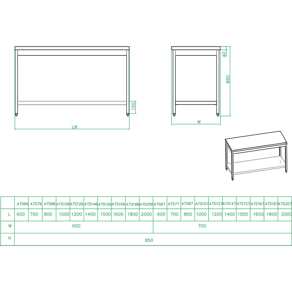 Professional Work table Stainless steel Bottom shelf 2000x700x900mm | Stalwart DA-THATS207