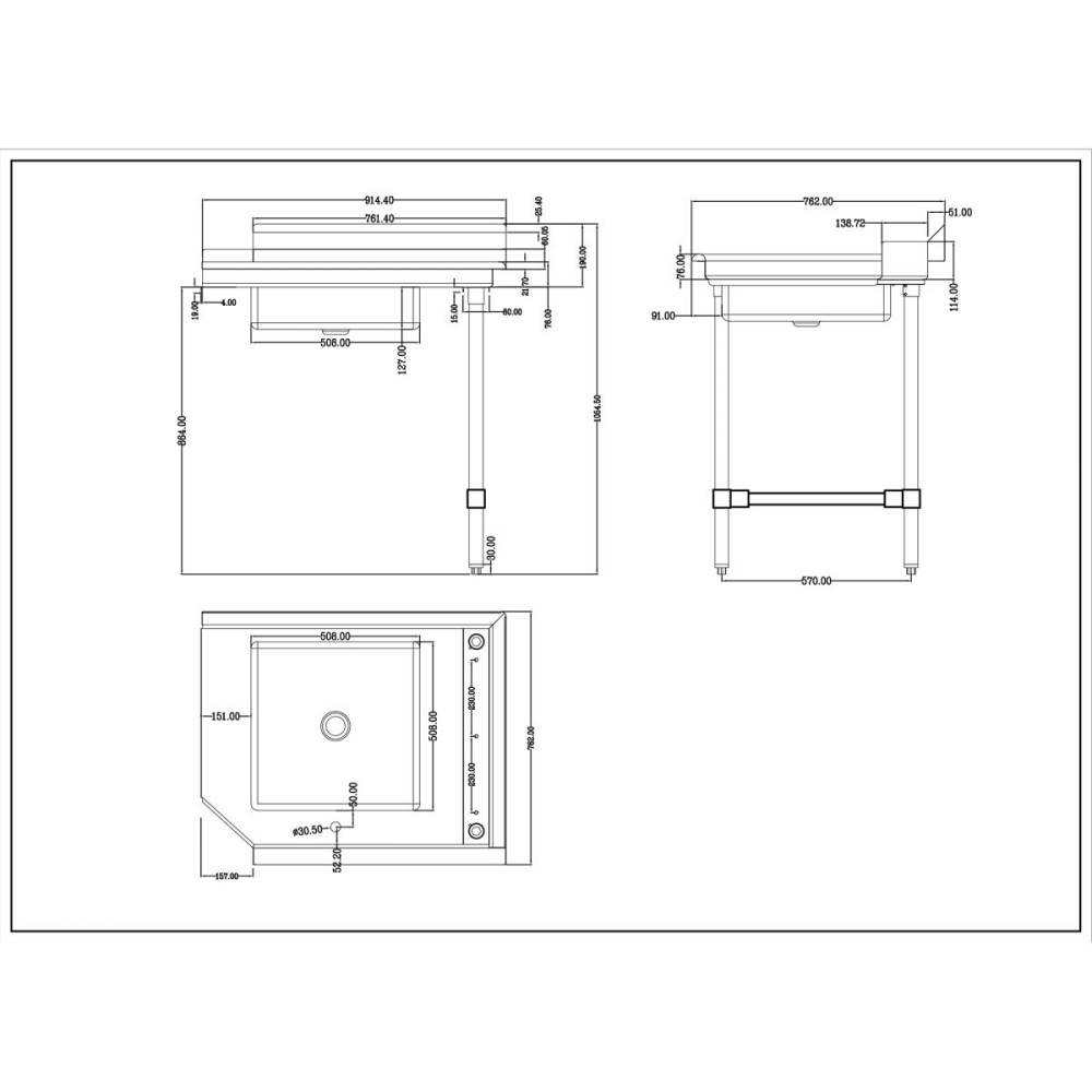 Commercial Stainless steel Pass Through Dishwasher Table with Sink Right 914mm Width | Stalwart DA-DC1T3036RIGHTSINK