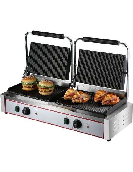 Heavy Duty Twin XL Panini Contact grill Ribbed 4.4kW Dual Zone | Stalwart DA-HEG813E