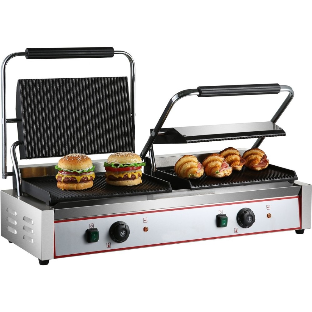 Heavy Duty Twin XL Panini Contact grill Ribbed 4.4kW Dual Zone | Stalwart DA-HEG813E