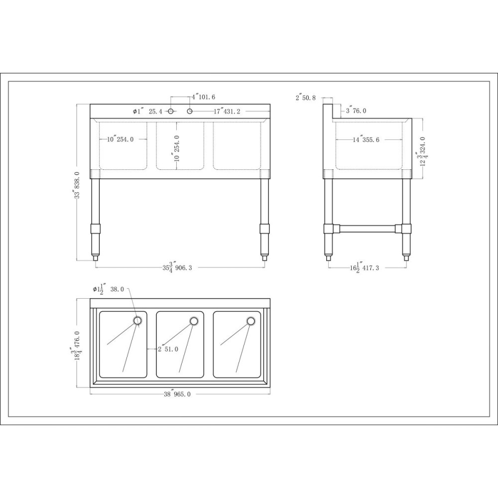Commercial Sink Stainless steel 3 Bowl | Stalwart DA-BS3T38