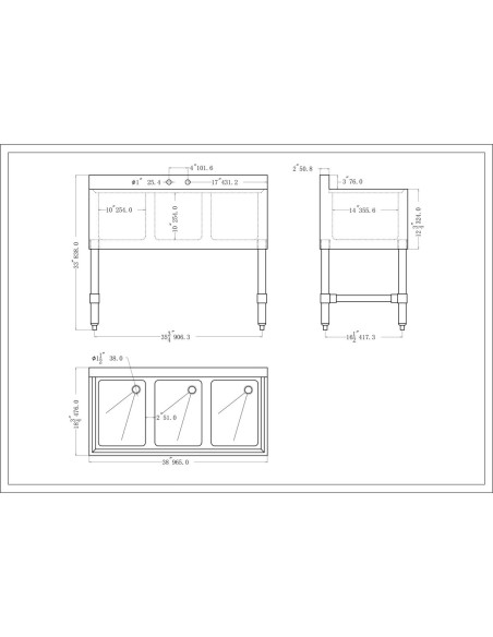 Commercial Sink Stainless steel 3 Bowl | Stalwart DA-BS3T38