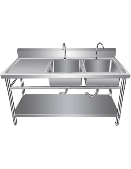 Commercial Sink Stainless steel 1400x600x850mm 2 Bowls right Splashback Undershelf | Stalwart DA-WUDBS14060RIGHT