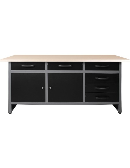 Professional Grey & Black Workshop Workbench with 30mm wooden desktop 6 drawers & 2 lockable doors 1600x600x850mm | DA-TC0