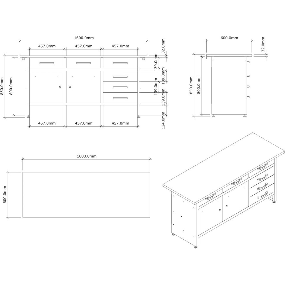 Professional Grey & Black Workshop Workbench with 30mm wooden desktop 6 drawers & 2 lockable doors 1600x600x850mm | DA-TC0