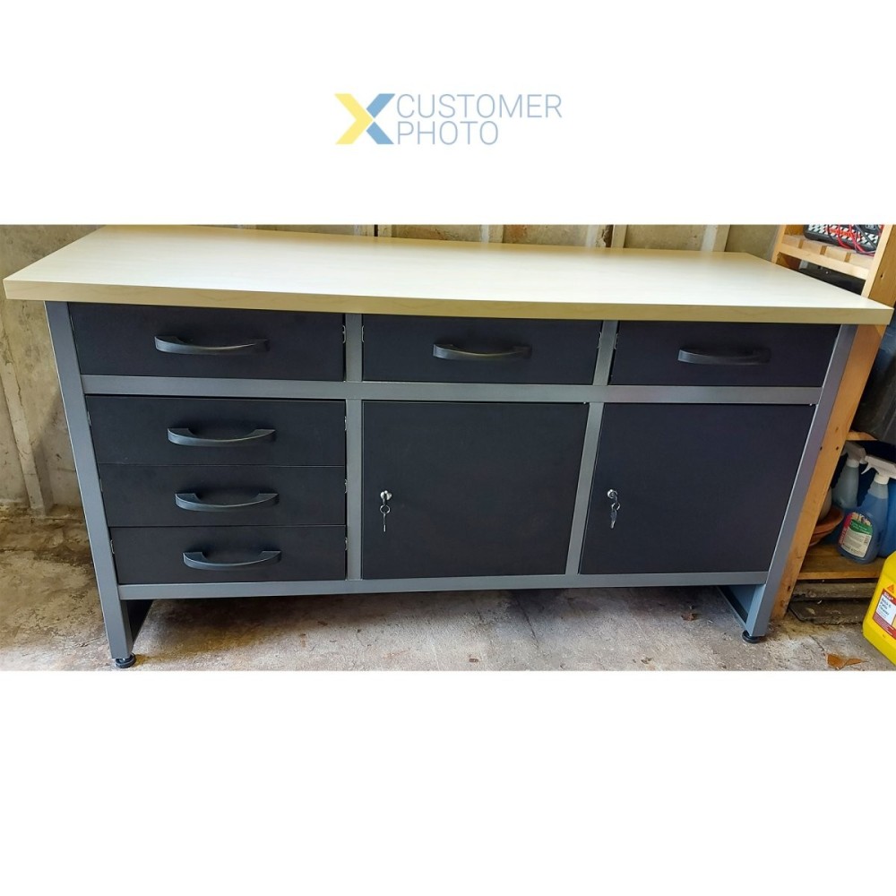 Professional Grey & Black Workshop Workbench with 30mm wooden desktop 6 drawers & 2 lockable doors 1600x600x850mm | DA-TC0
