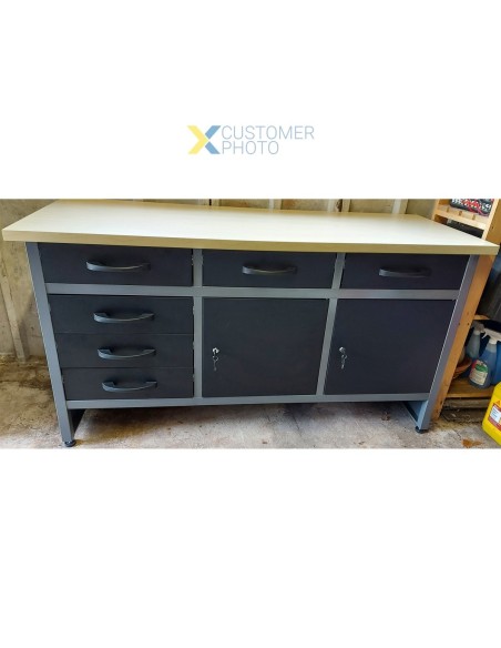 Professional Grey & Black Workshop Workbench with 30mm wooden desktop 6 drawers & 2 lockable doors 1600x600x850mm | DA-TC0