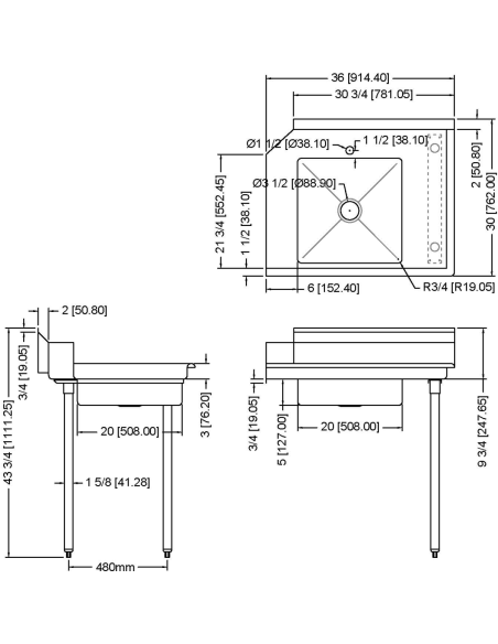 Commercial Stainless steel Pass Through Dishwasher Table with Sink Right 914mm Width | Stalwart SDT36R