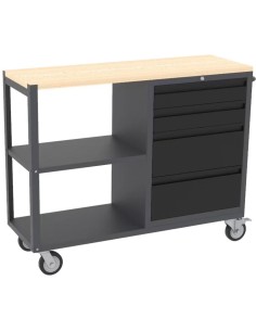 Professional Mobile Grey and Black Tool Cabinet with 4 Drawers and 2 Shelves Wooden Worktop 1480x500x1000mm | Stalwart DA-TC097