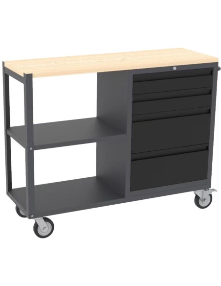 Professional Mobile Grey and Black Tool Cabinet with 4 Drawers and 2 Shelves Wooden Worktop 1480x500x1000mm | Stalwart DA-TC097