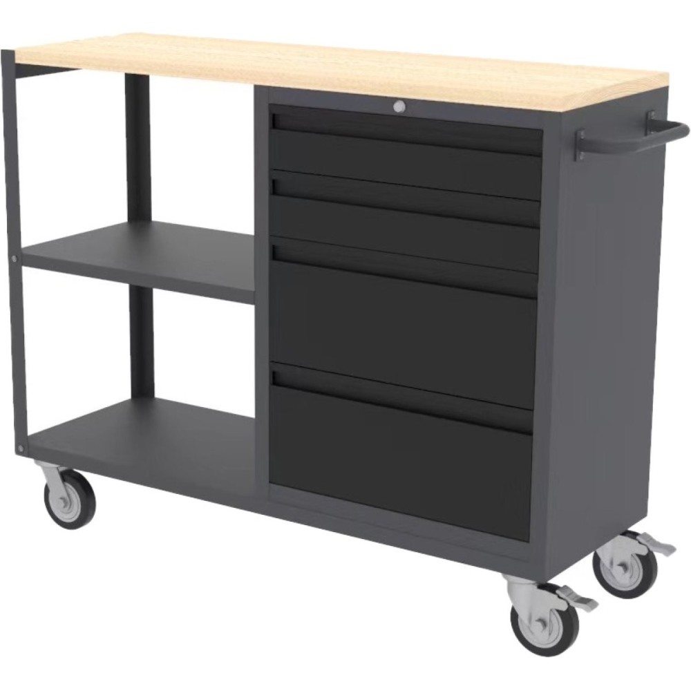 Professional Mobile Grey and Black Tool Cabinet with 4 Drawers and 2 Shelves Wooden Worktop 1480x500x1000mm | Stalwart DA-TC097