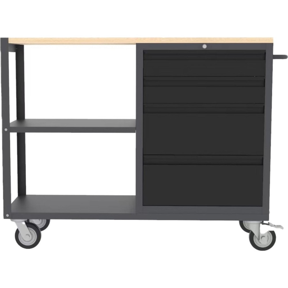 Professional Mobile Grey and Black Tool Cabinet with 4 Drawers and 2 Shelves Wooden Worktop 1480x500x1000mm | Stalwart DA-TC097