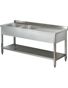 Commercial Sink Stainless steel 2 bowls Left Bottom shelf Splashback 1400mm Depth 700mm | DA-VS147LBT