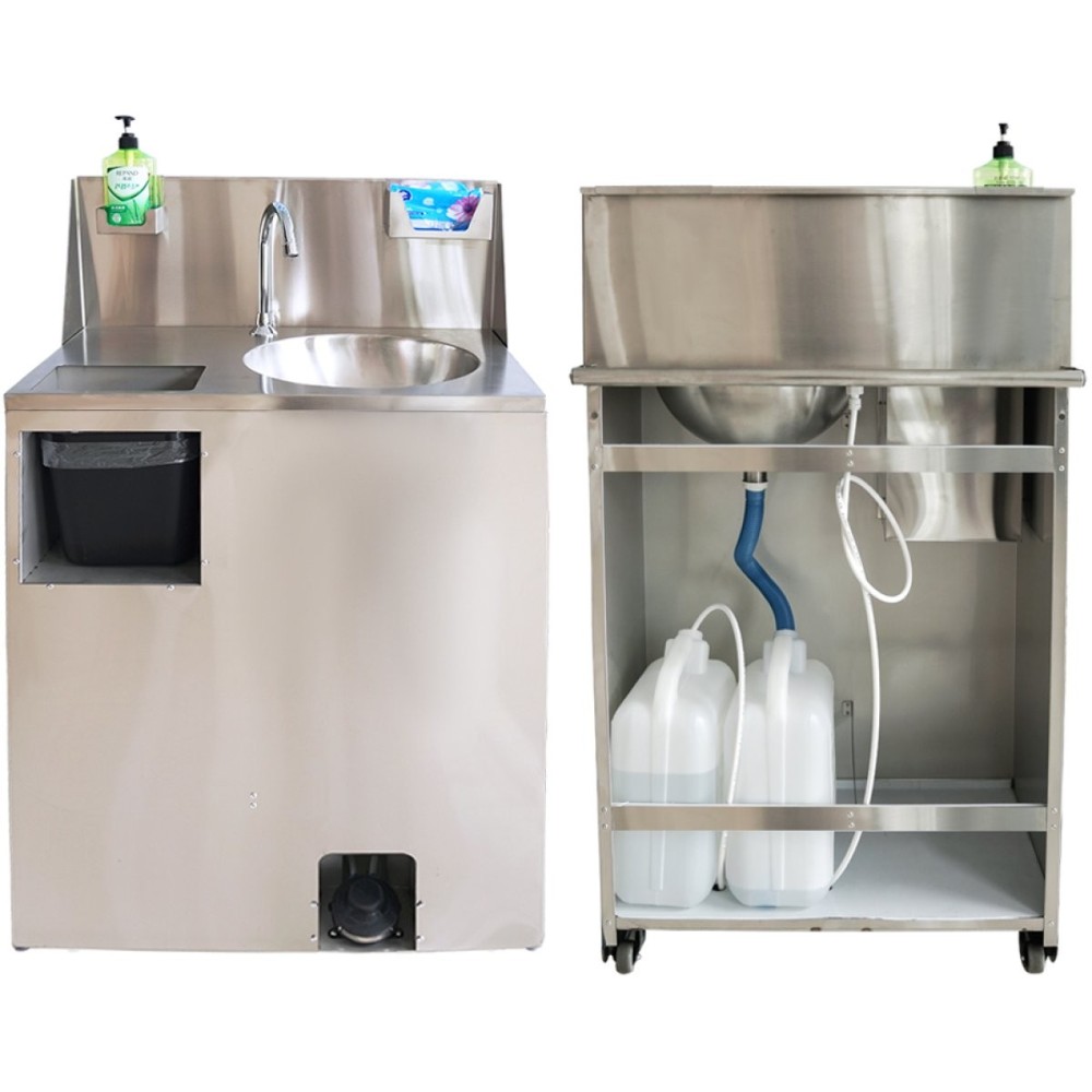 Foot Operated Mobile Wash Basin with Backsplash Paper Towel Dispenser & Castors Stainless Steel