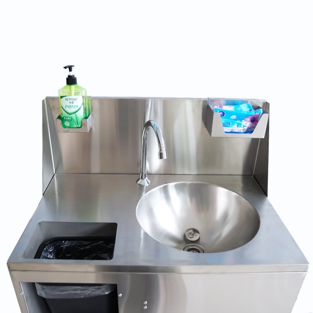 Foot Operated Mobile Wash Basin with Backsplash Paper Towel Dispenser & Castors Stainless Steel