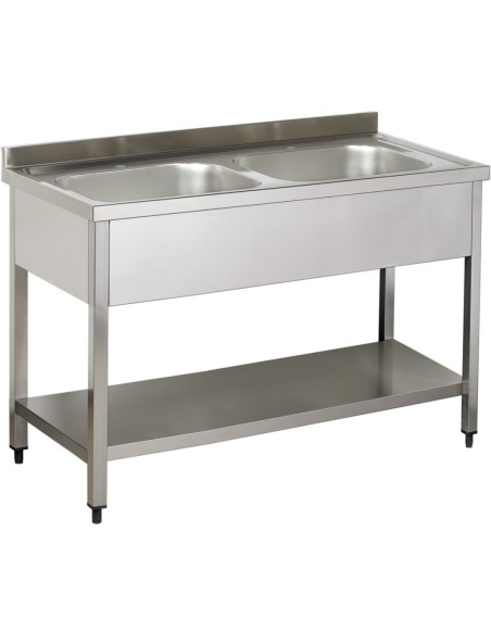 Commercial Sink Stainless steel 2 bowls Bottom shelf Splashback 1400mm Depth 700mm | Stalwart DA-VS147BT
