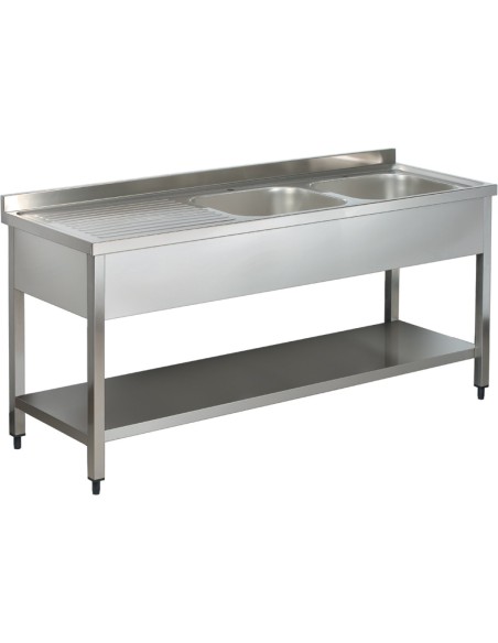 Commercial Sink Stainless steel 2 bowls Right Bottom shelf Splashback 1600mm Depth 700mm | DA-VS167RBT