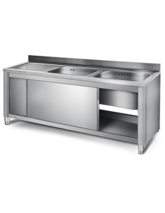 Commercial Sink with Cupboard Stainless steel 2 bowls Right Splashback Width 1400mm Depth 600mm | DA-VSC146RBT