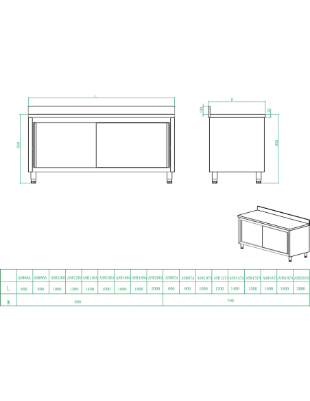 Commercial Worktop Floor Cupboard Sliding doors Stainless steel Width 1600mm Depth 600mm Upstand | DA-VTC166SLB