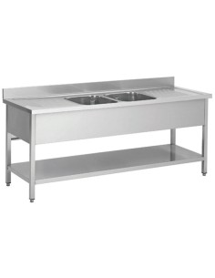 Commercial Sink Stainless steel 2 bowls Bottom shelf Splashback 2000mm Depth 700mm | DA-VS207BT