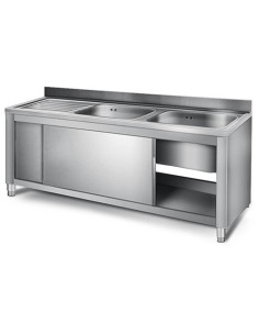 Commercial Sink with Cupboard Stainless steel 2 bowls Right Splashback Width 1400mm Depth 700mm | DA-THSSR147BR2