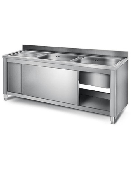 Commercial Sink with Cupboard Stainless steel 2 bowls Right Splashback Width 1400mm Depth 700mm | DA-THSSR147BR2