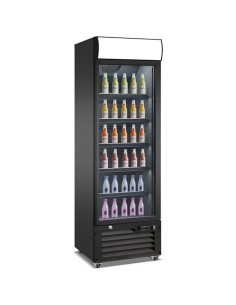 Commercial Bottle Cooler Upright 400 litres Single Glass Door with LED Canopy in Black | Stalwart DA-KXG400H