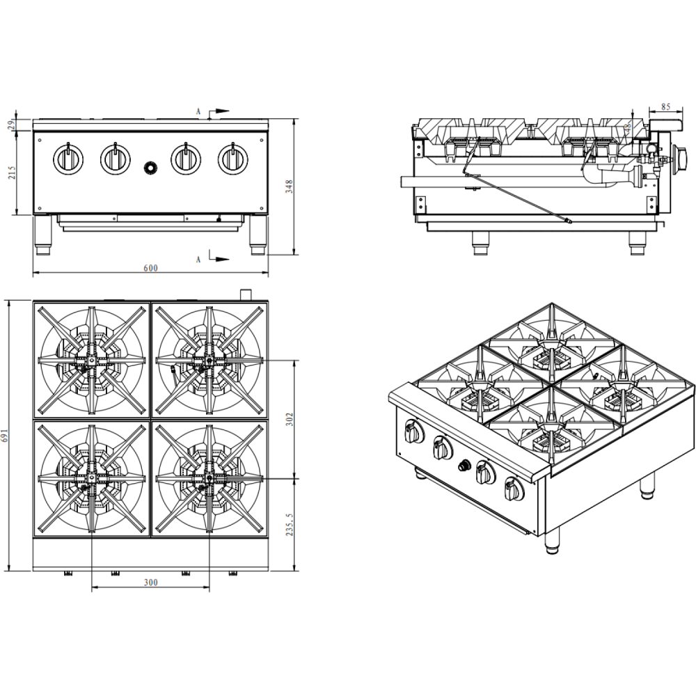 4 Burners Gas Hotplate Cooker Tabletop 28kW Countertop | DA-EHP4S