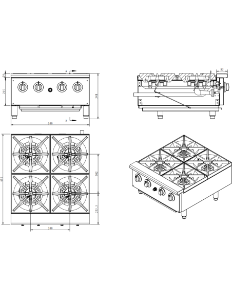 4 Burners Gas Hotplate Cooker Tabletop 28kW Countertop | DA-EHP4S