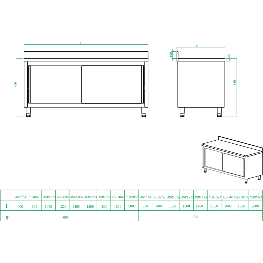 Commercial Worktop Floor Cupboard Sliding doors Stainless steel Width 1800mm Depth 600mm Upstand | DA-VTC186SLB