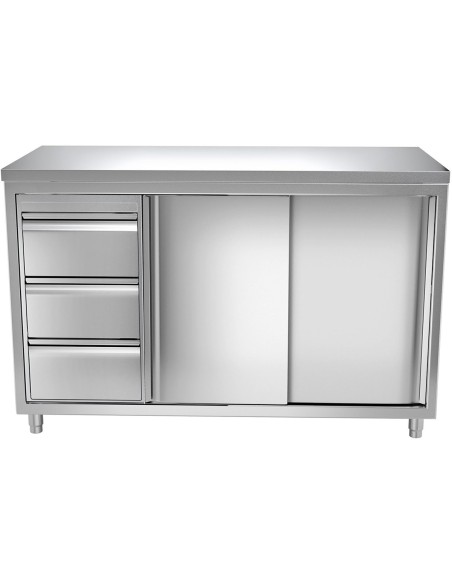 Commercial Worktop Floor Cupboard 3 drawers Left 2 sliding doors Stainless steel Width 1600x600x850mm | Stalwart DA-VTC166L3